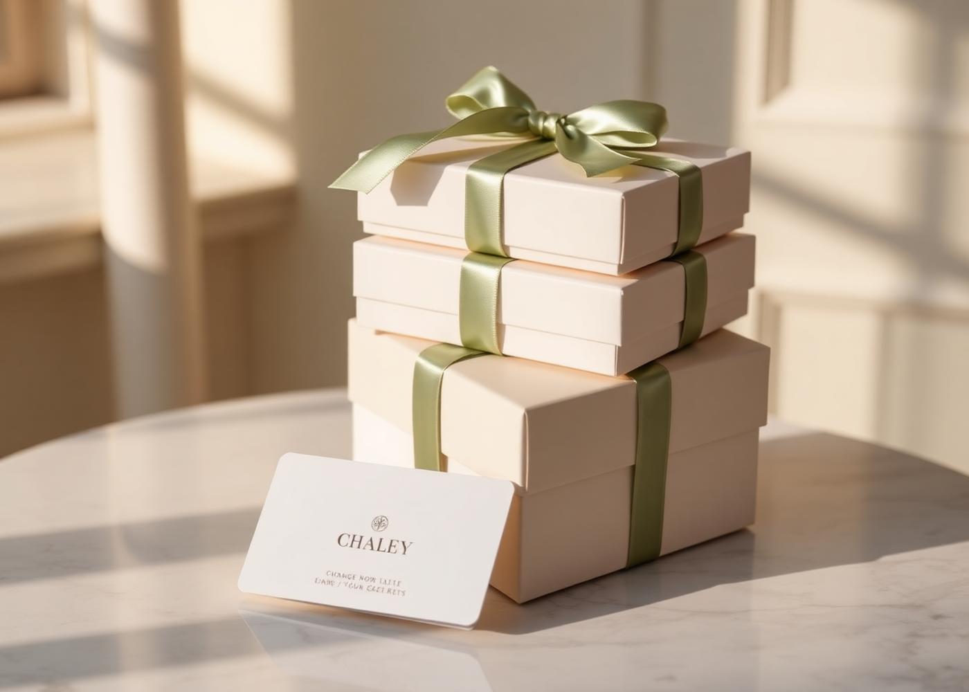 Stack of branded corporate gift boxes with sage ribbons and a printed card