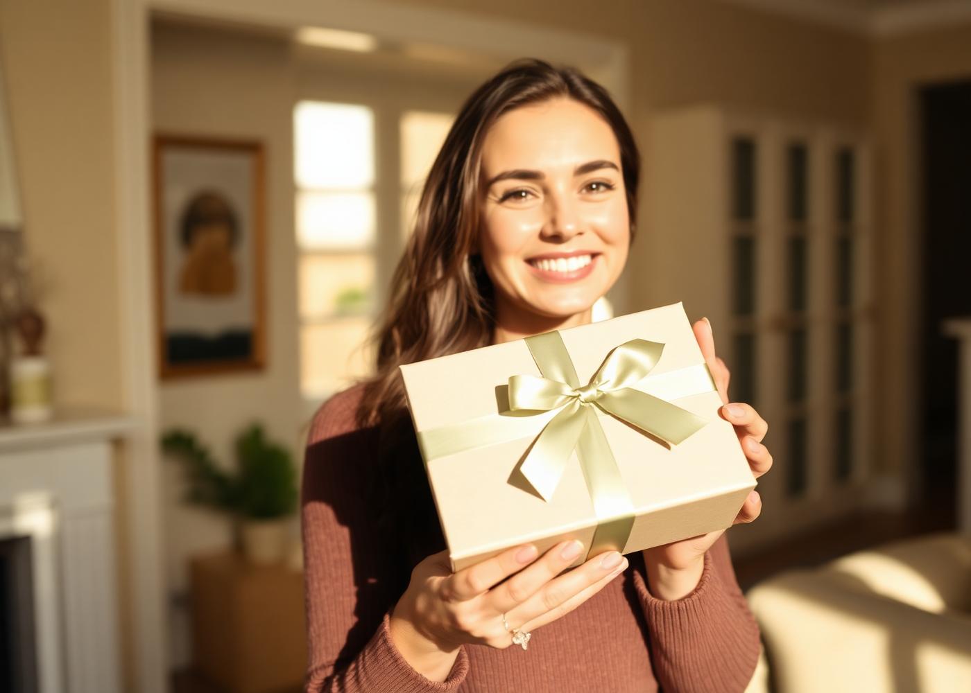 A woman smiling as she holds an ivory gift box tied with sage ribbon